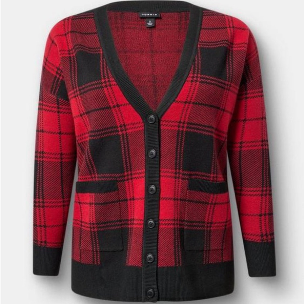 NWT Torrid Luxe Boyfriend Cardigan black and red plaid